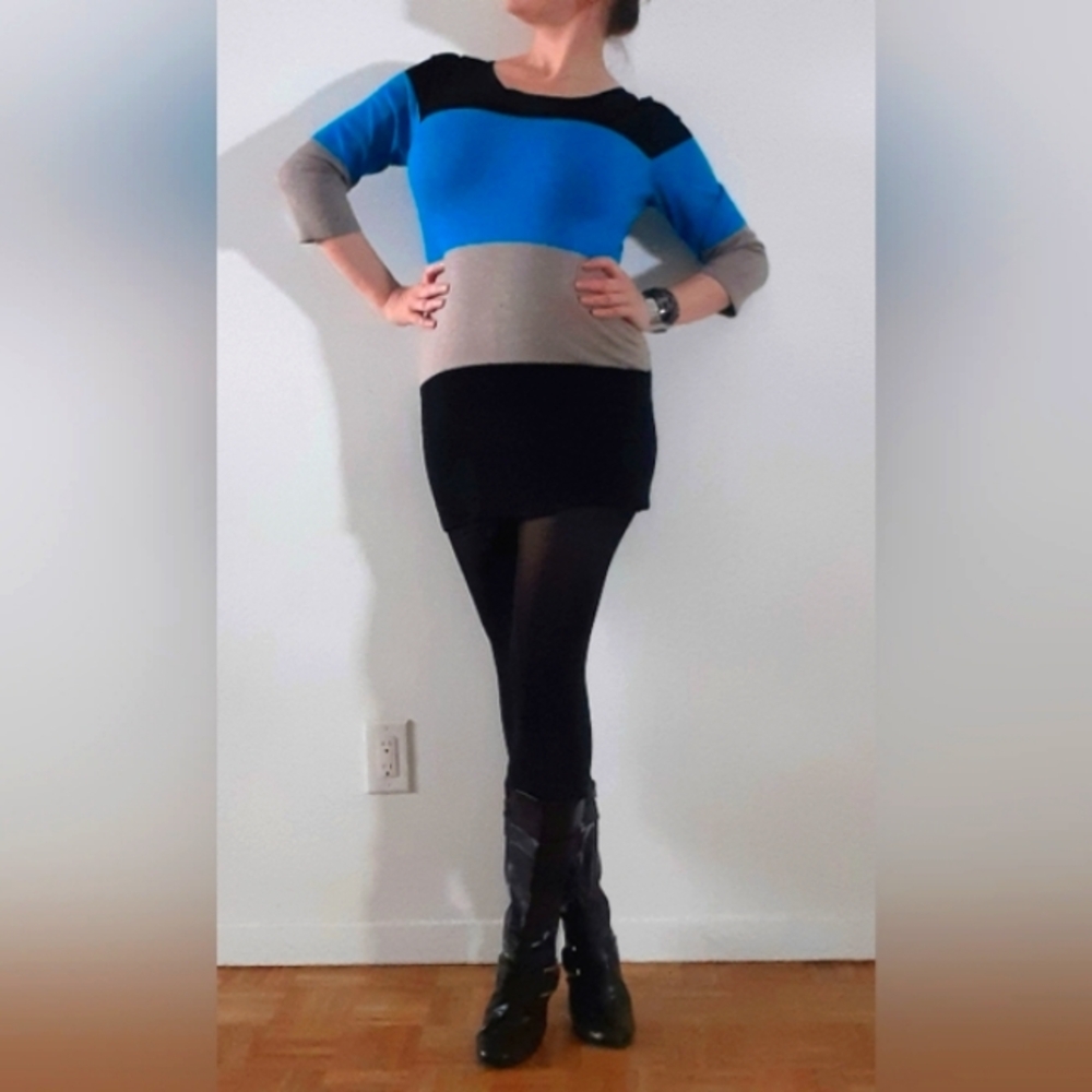 Sweater Dress with Blue, grey, black colour-blocked stripes, fits S-L